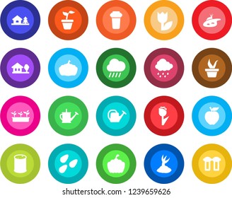 Round color solid flat icon set - seedling vector, watering can, sproute, rain, pumpkin, seeds, tulip, oil barrel, house with tree, pond, apple fruit, water filter
