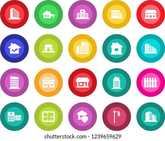 Round color solid flat icon set - office building vector, fence, house, garden light, hospital, store, with garage, plan, sweet home, city, cafe, eco