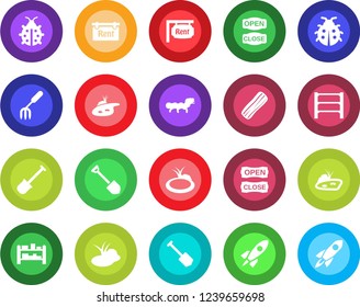 Round color solid flat icon set - job vector, garden fork, shovel, lady bug, caterpillar, pond, rack, rent, bacon, open close, rocket