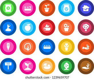 Round color solid flat icon set - flower in pot vector, seedling, tree, sproute, plant label, fertilizer, fruit, salad, apple, eco house, palm