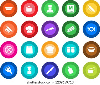 Round color solid flat icon set - cook vector, cafe, hat, menu, bacon, salt and pepper, ham, bowl, rolling pin, cutting board, knife, steaming pan