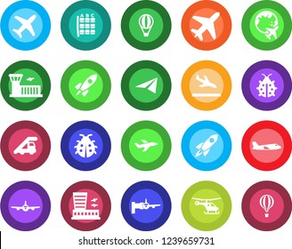 Round color solid flat icon set - plane vector, arrival, ladder car, boarding, helicopter, seat map, globe, airport building, lady bug, rocket, paper, air balloon