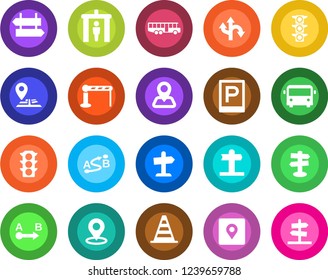 Round color solid flat icon set - airport bus vector, parking, barrier, security gate, signpost, border cone, route, navigation, traffic light, place tag, guidepost