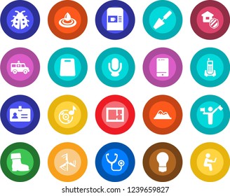 Round color solid flat icon set - dispatcher vector, coffee machine, identity, bulb, trowel, boot, lady bug, stethoscope, ambulance car, office phone, microphone, cell, music, windmill, mountains