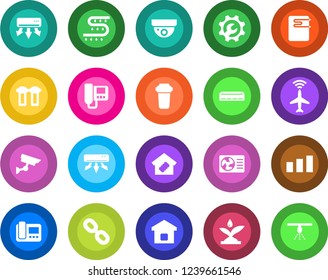 Round color solid flat icon set - plane radar vector, drip irrigation, sorting, chain, root setup, air conditioner, smart home, water heater, intercome, filter, surveillance, sprinkler