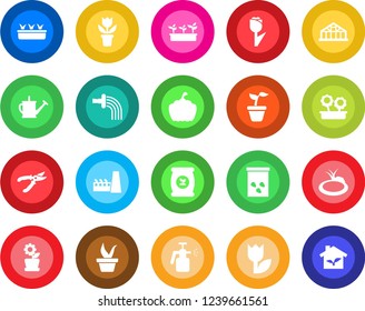 Round color solid flat icon set - flower in pot vector, seedling, watering can, pruner, pumpkin, greenhouse, seeds, pond, garden sprayer, fertilizer, tulip, factory, eco house