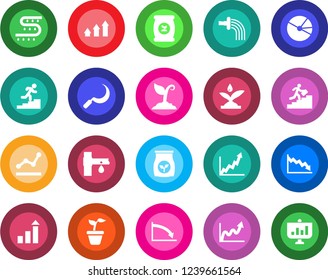 Round color solid flat icon set - growth statistic vector, seedling, watering, sproute, sickle, fertilizer, drip irrigation, pie graph, point, career ladder, arrow up, crisis, presentation
