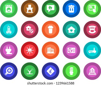Round color solid flat icon set - fireplace vector, office phone, building, estate search, children room, sweet home, insurance, power plug, irrigation, router, air conditioner, control app, washer