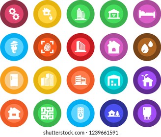 Round color solid flat icon set - bed vector, office building, house, with tree, warehouse, home control, chip, eco, fingerprint, remote, gear, water, energy saving bulb, garage gate, fridge