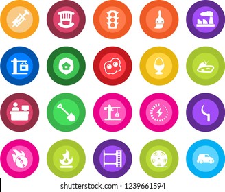 Round color solid flat icon set - manager place vector, job, factory, fire, sickle, syringe, traffic light, film frame, reel, flame disk, themes, charge, pond, children room, crane, estate insurance