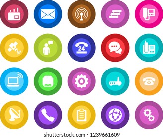 Round color solid flat icon set - wireless notebook vector, speaking man, gear, mail, 24 hours, satellite antenna, dialog, radio phone, hdmi, call, network, clipboard, paper tray, router, intercome