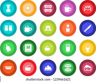 Round color solid flat icon set - waiter vector, cook, dish, menu, drink, coffee, egg stand, salt and pepper, cafe building, vip zone, open close, bowl, cutting board, knife, steaming pan, omelette