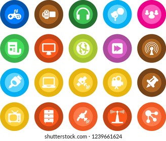 Round color solid flat icon set - archive chest vector, microphone, antenna, satellite, news, gamepad, video camera, network, headphones, monitor, laptop pc, group, paper pin, fast forward, hdmi, tv