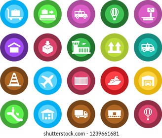 Round color solid flat icon set - baggage conveyor vector, trolley, escalator, border cone, airport building, ambulance car, plane, sea shipping, cargo container, delivery, warehouse storage, garage
