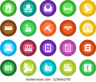 Round color solid flat icon set - satellite antenna vector, reception, identity card, document, reload, pulse clipboard, radio phone, mail, news, paper binder, tray, bedroom, reserved, information