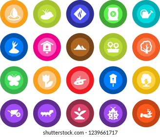 Round color solid flat icon set - tree vector, watering can, wheelbarrow, sproute, butterfly, lady bug, water drop, caterpillar, pond, bird house, fertilizer, tulip, mountains, flower in pot, palm