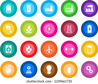 Round color solid flat icon set - bulb vector, factory, ladder, fire, barbell, speaker, battery, low, charge, sun panel, home control, remote, windmill, alarm led, gear