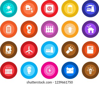 Round color solid flat icon set - bulb vector, factory, battery, torch, brightness, charge, windmill, heater, home control, eco house, socket, water, radiator, energy saving, idea