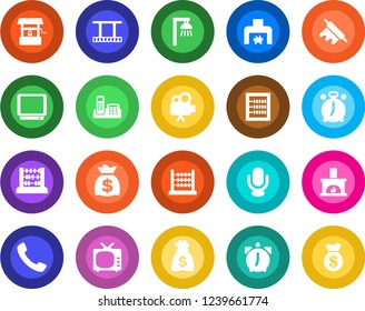 Round color solid flat icon set - alarm clock vector, abacus, money bag, well, film frame, tv, video camera, microphone, call, office phone, fireplace, rolling pin, outdoor lamp
