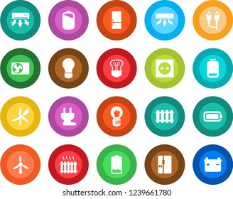 Round color solid flat icon set - bulb vector, low battery, rca, heater, air conditioner, fridge, socket, power plug, radiator, windmill