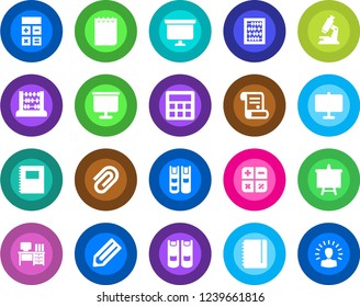 Round color solid flat icon set - book vector, calculator, abacus, desk, notepad, presentation board, pencil, contract, microscope, copybook, paper clip, shining head