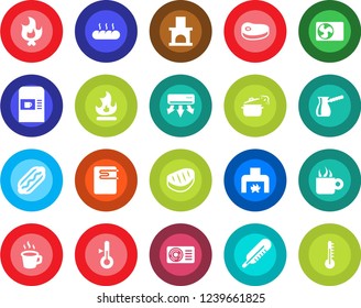 Round color solid flat icon set - coffee machine vector, fire, fireplace, thermometer, air conditioner, bread, steak, hot dog, steaming pan, turkish, water heater
