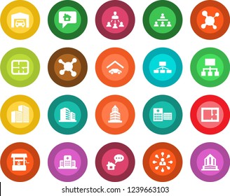 Round color solid flat icon set - hierarchy vector, well, molecule, hospital, office building, garage, plan, home message