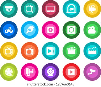 Round color solid flat icon set - ticket office vector, clapboard, reel, tv, gamepad, video camera, play button, rec, hdmi, record, web, intercome, surveillance
