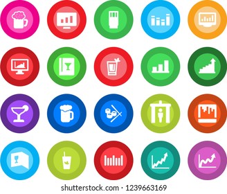 Round color solid flat icon set - security gate vector, growth statistic, monitor, barcode, equalizer, scanner, statistics, bar graph, wine card, drink, cocktail, phyto, beer, sushi