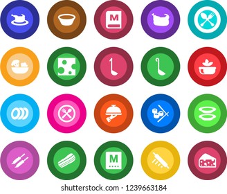 Round color solid flat icon set - spoon and fork vector, cafe, menu, salad, plates, bacon, waiter, chicken, kebab, ladle, bowl, rolling pin, sushi, cheese