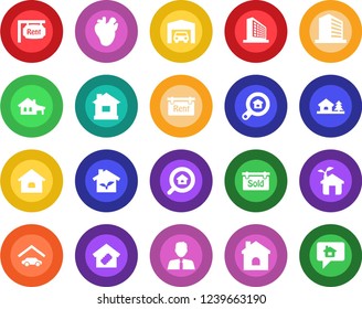 Round color solid flat icon set - office building vector, house, real heart, with garage, tree, rent, sold signboard, estate search, agent, smart home, eco, message