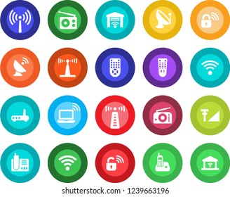 Round color solid flat icon set - antenna vector, wireless notebook, satellite, radio, remote control, phone, cellular signal, lock, router, garage gate