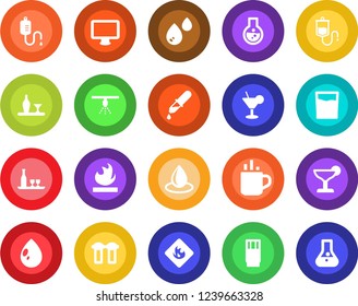 Round color solid flat icon set - hot cup vector, water drop, dropper, flammable, monitor, alcohol, drink, cocktail, filter, sprinkler, flask