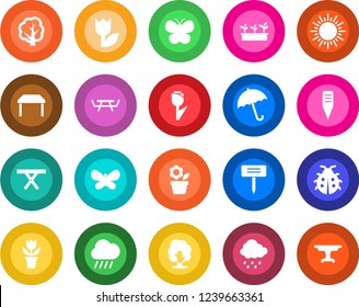 Round color solid flat icon set - umbrella vector, sun, flower in pot, tree, butterfly, lady bug, seedling, rain, plant label, picnic table, tulip