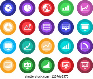 Round color solid flat icon set - growth statistic vector, presentation board, crisis graph, circle chart, monitor pulse, statistics, bar, pie, point