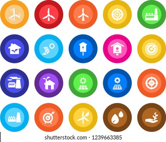 Round color solid flat icon set - factory vector, bird house, target, sun panel, windmill, eco, water, palm sproute