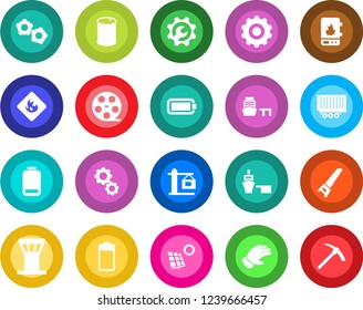 Round color solid flat icon set - airport tower vector, gear, glove, saw, truck trailer, sea port, flammable, oil barrel, reel, battery, low, root setup, sun panel, crane, water heater, hard work
