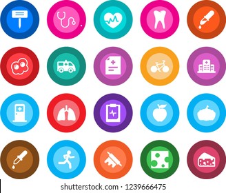 Round color solid flat icon set - medical room vector, plant label, pumpkin, heart pulse, diagnosis, stethoscope, dropper, ambulance car, bike, run, lungs, tooth, clipboard, hospital, rolling pin