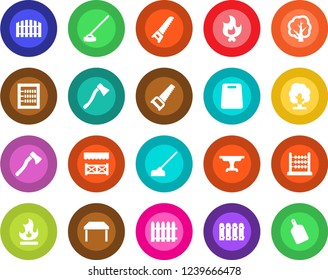 Round color solid flat icon set - fence vector, tree, saw, fire, hoe, axe, abacus, table, alcove, cutting board