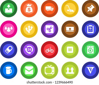 Round color solid flat icon set - tv vector, money bag, lawn mower, bike, pulse clipboard, route, 24 hours, car delivery, up side sign, package, railroad, group, paper pin, pause button, mail, cut