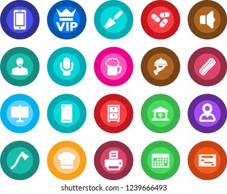 Round color solid flat icon set - vip vector, mobile phone, printer, trowel, axe, pills, navigation, microphone, back, calendar, presentation board, support, archive box, cook hat, beer, bacon