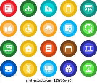 Round color solid flat icon set - plane globe vector, document, lady bug, drip irrigation, pills, disabled, traffic light, truck trailer, film frame, finger up, battery, sertificate, news, hierarchy