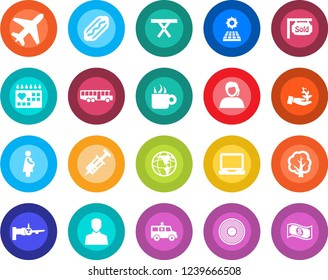 Round color solid flat icon set - plane vector, airport bus, boarding, tree, picnic table, syringe, ambulance car, medical calendar, pregnancy, support, vinyl, laptop pc, user, sun panel, coffee
