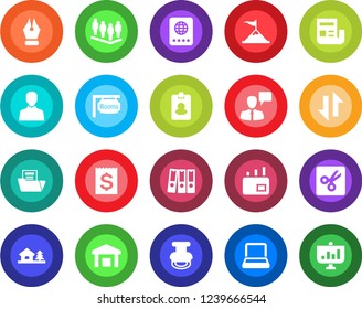 Round color solid flat icon set - passport vector, speaking man, team, receipt, warehouse, user, data exchange, cut, news, document folder, ink pen, paper binder, notebook pc, stamp, mail, rooms