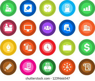 Round color solid flat icon set - medical room vector, contract, hierarchy, dollar sign, case, document, manager place, printer, monitor, radio phone, clock, notes, bar graph, search, ink pen, group