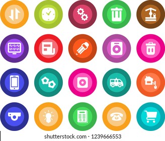 Round color solid flat icon set - trash bin vector, mobile phone, gear, well, monitor pulse, ambulance car, speaker, rec button, clock, data exchange, news, pencil, contract, home control, bulb