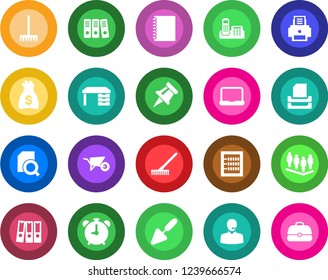 Round color solid flat icon set - alarm clock vector, team, desk, money bag, trowel, rake, wheelbarrow, copybook, drawing pin, document search, abacus, office phone, support, paper binder, printer