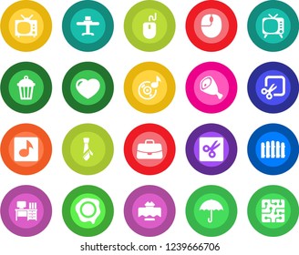 Round color solid flat icon set - case vector, mouse, desk, stamp, fence, garden light, umbrella, tv, heart, cut, music, tie, restaurant table, ham, chip