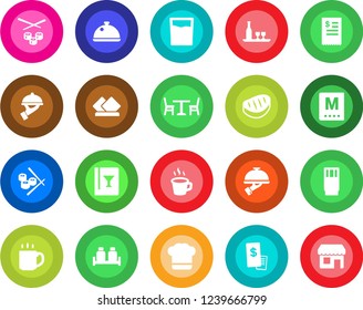 Round color solid flat icon set - cafe vector, coffee, dish, alcohol, cook hat, wine card, menu, drink, waiter, salt and pepper, restaurant receipt, steak, sushi, serviette, storefront