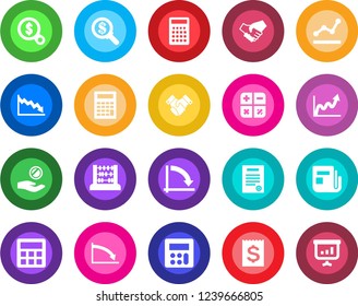 Round color solid flat icon set - calculator vector, abacus, crisis graph, receipt, news, point, handshake, contract, growth, money search, investment, presentation